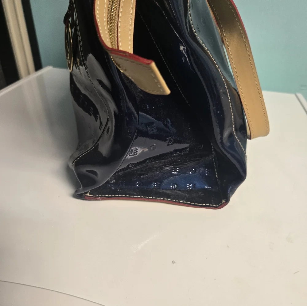 Patent Leather Tote Bag in Navy with Tan Accents